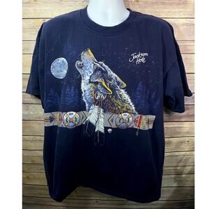 Vintage 90s Wolf Nature T-Shirt Jackson Hole Wyoming USA Men’s Size XL Blue